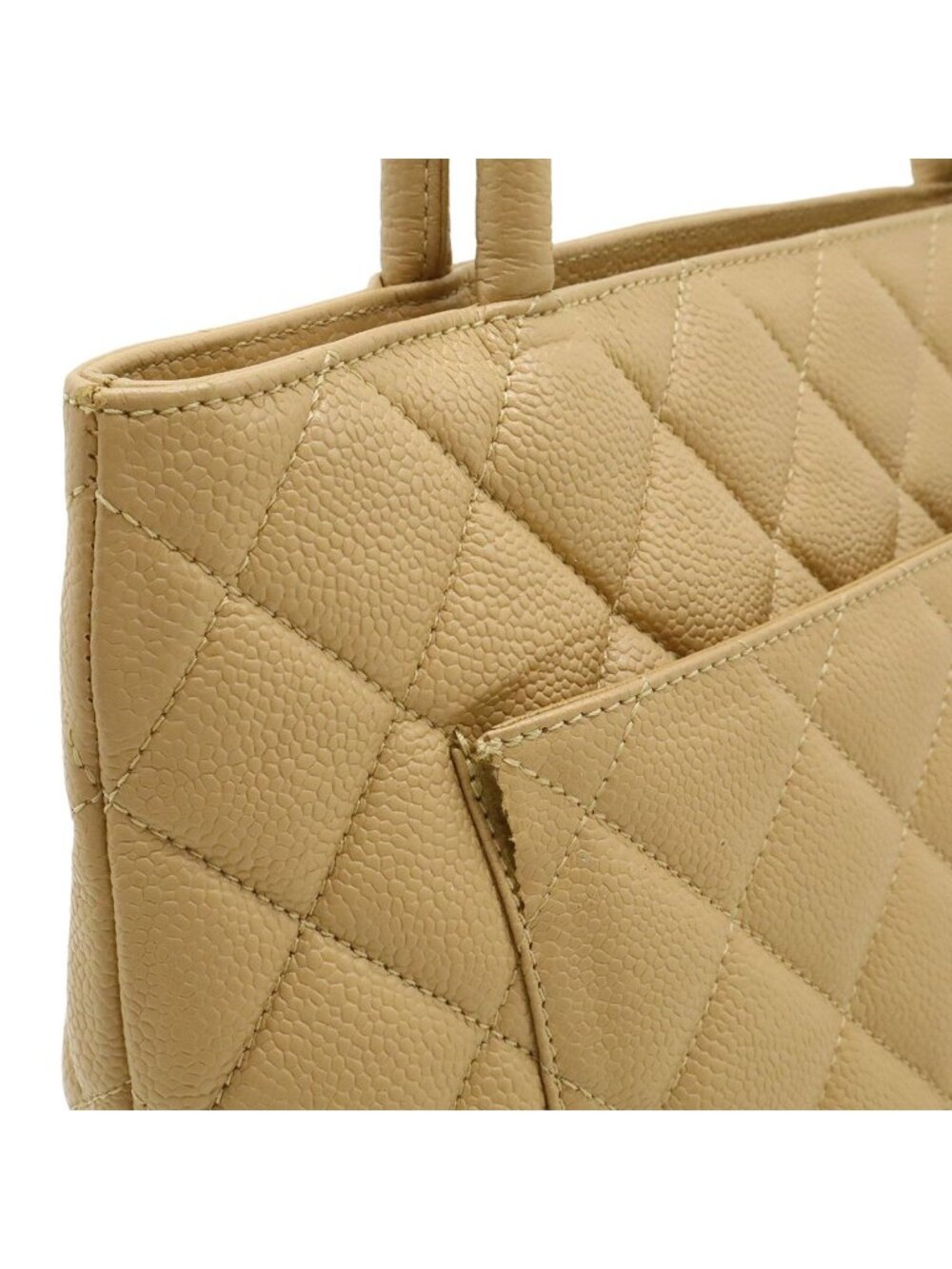 Chanel Quilted CC Logo Medallion Tote Shoulder Bag Caviar Leather Beige Gold - Picture 8 of 9